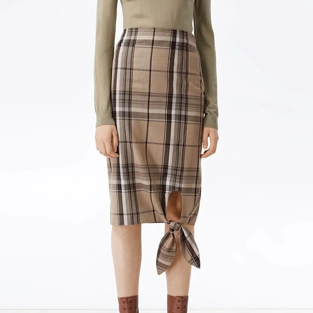 New Burberry Knot Detail Nova Check Driftwood Pattern Pencil Skirt NWT 0 US/2 UK